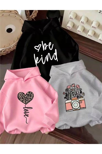 Girl's 3-Pack Hooded Camera and Be Kind Printed Sweatshirt (Pink-Grey-Black)
