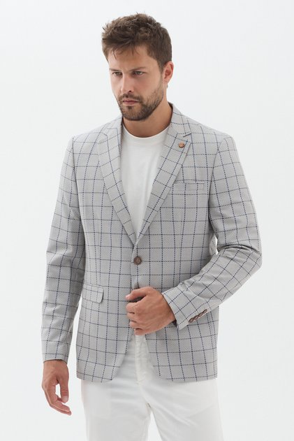 Trieste Men's Gray Mono Collar Plaid Slim Fit Polyviscon Fabric Sports Blazer Jacket