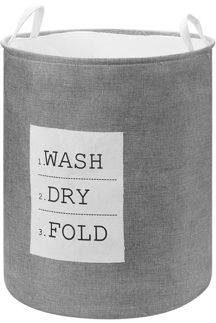 Round Laundry Basket with Printed Letters - Silver 40x50cm| Storage Hamper Organizer Clothes