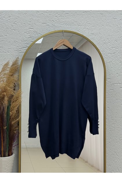 Sabisu Cold Thread Tunic with Buttoned Sleeves and Slits-Sy3310 Navy Blue