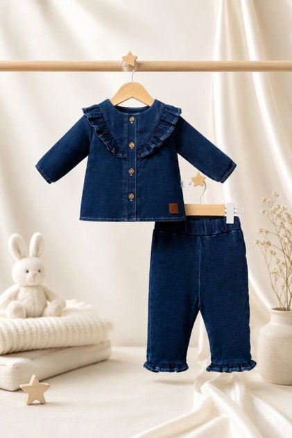 Baby Girl Denim Set Ruffle Collar Buttoned Top and Pants 2-Piece Set 6-36 Months