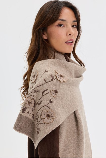 Women's Single-Sided Felt Flower Embroidered Wool Kaşkol K.Bej