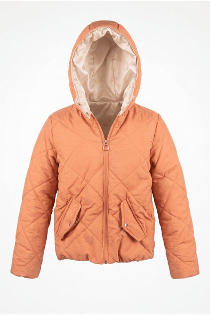 Children's Unisex Orange Regular Fit Hooded Coat with Diamond Detail