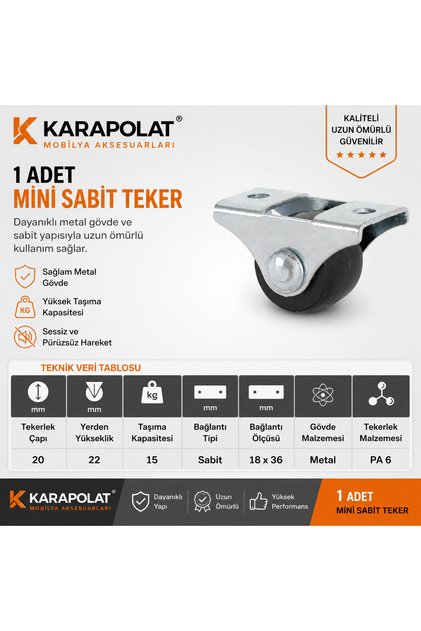1 Adet Mini Sabit Tekerlek 20 mm – Metal Gövde Mobilya Tekerleği 15 kg