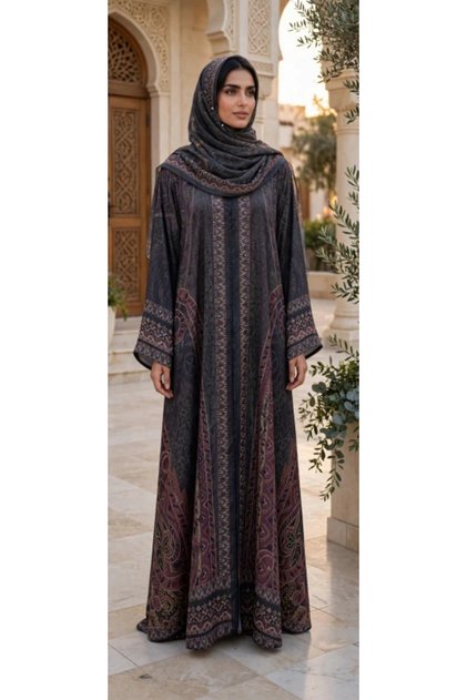 Baroque Paisley Printed Open Front Flared Abaya