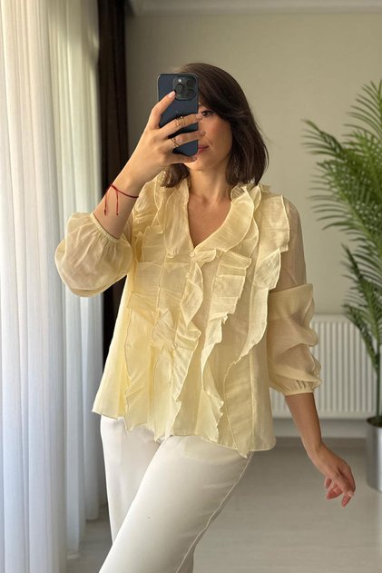V-Neck Organic Fabric Yellow Transparent Women's Blouse