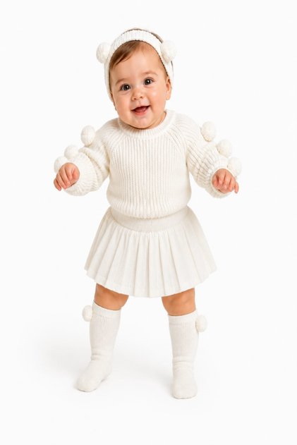 Baby Girl Pompom Detailed Seamless 4-Piece Knitwear Set - Sweater, Pleated Skirt, Headband and Socks