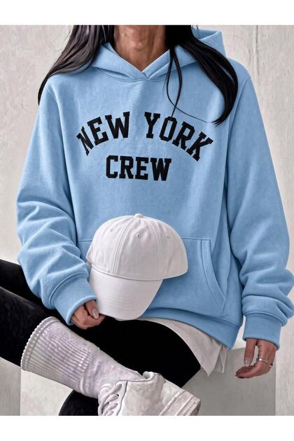 Sw Unisex Oversize-Sweatshirt mit Kängurutasche und Kapuze, bedruckt mit „New York Crew“