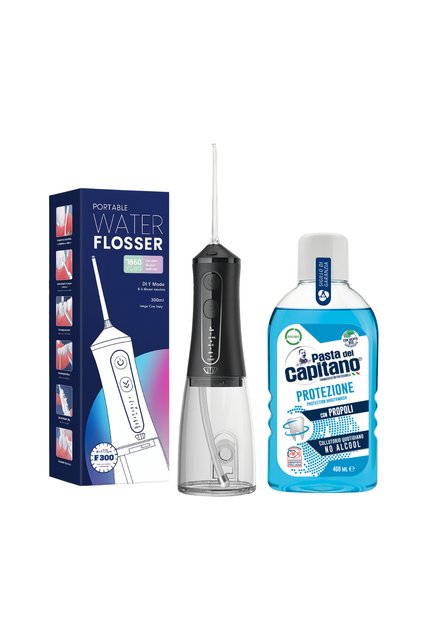 Irigator oral portabil Sonic F300 Negru + Apă de gură Del Capitano pentru protecție 400ml - Pachet promoțional
