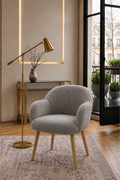 OLİVİA Ahşap Ayaklı Retro Puf Minimal Berjer Makyaj Masası Sandalyesi Çok Amaçlı Berjer GRİ