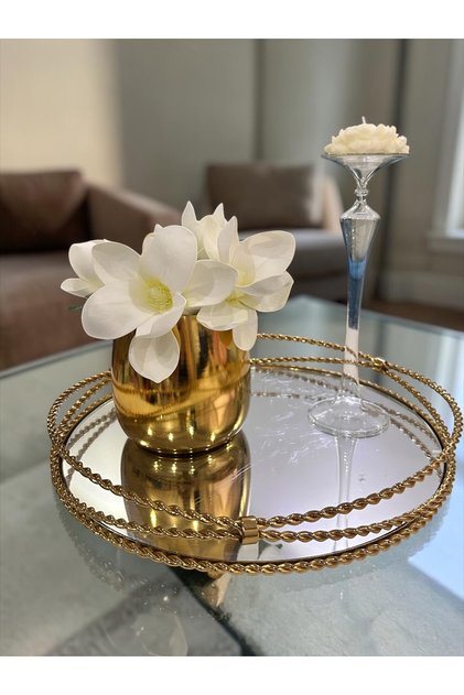 Gold Burgu Detaylı Aynalı Tepsi Döküm 35cm Çapında