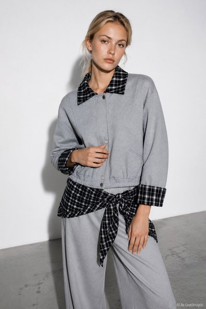 Plaid Detailed Women's Sweatshirt Swt02479 Gray Melange