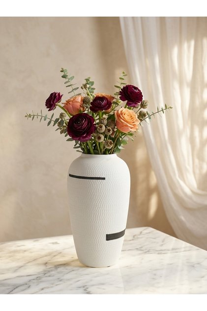 Modern Ceramic Vase, Cylindrical Shape, White*Black Line