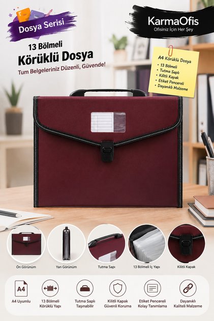 A4 13-Compartment Bellows File Folder Burgundy – Document Folder with Handle, Lock, and Label Window