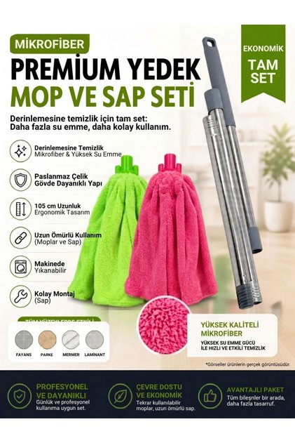 Premium Yedek Mop Seti ve Standart Mop Sapı Set | Elle Silmiş Gibi | Ekonomik Paket