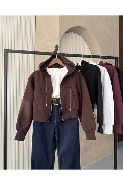 Kapüşonlu Fermuarlı Crop Kahverengi Sweatshirt