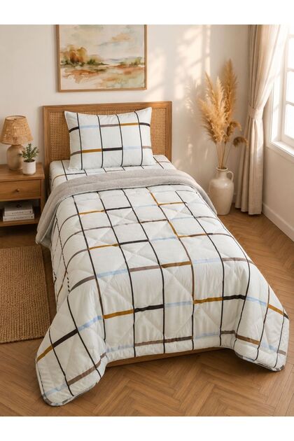 Single Plaid Patterned Wellsoft Sleeping Set & Quilt + 2 Pillowcases + Elastic Fitted Sheet