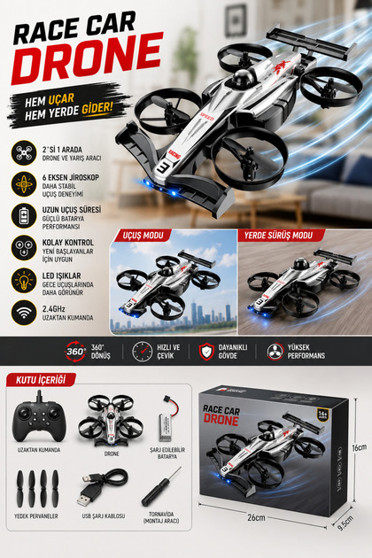 Race Car Drone 2'si 1 Arada Karada Giden Ve Uçan Uzaktan Kumandalı Işıklı Yarış Arabası Drone Oyuncak