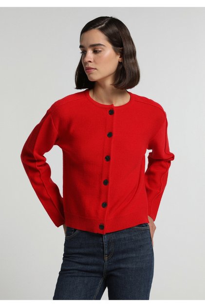 Cardigan roșu pentru femei, cu croială normală, guler rotund, uni