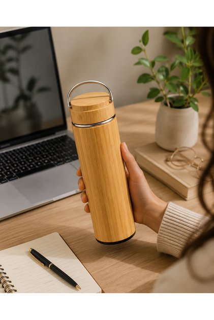 450 ML Bambu Termos 304 Paslanmaz Çelik Süzgeçli Çay Kahve Termosu Taşıma Kulplu