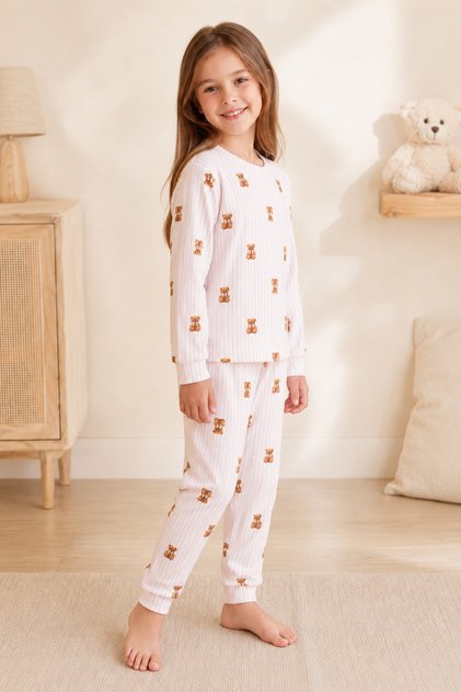Kız Çocuk Pembe Ayıcık Çizgili Desenli Uzun Kollu Pijama Takımı