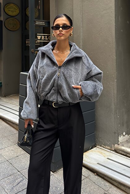 Women's Gray Stand Collar Faux Fur Jacket