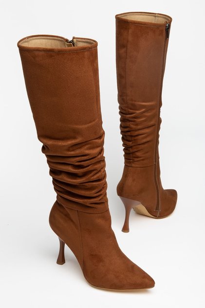 Tmara Women's Tan Suede Drawstring Zippered Heeled Long Boots