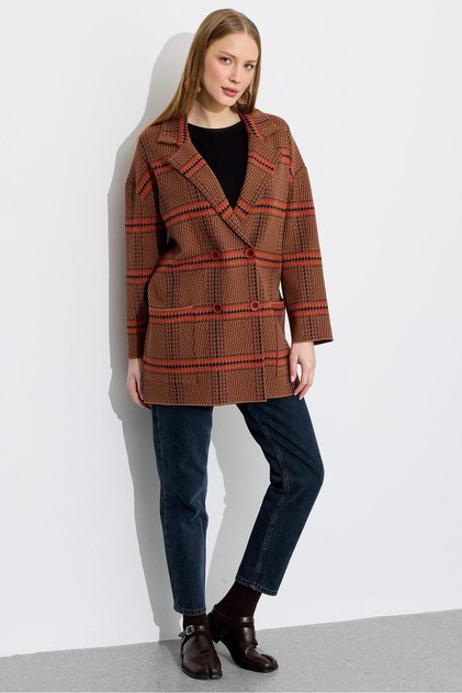 Houndstooth Patterned Blazer Cardigan Camel