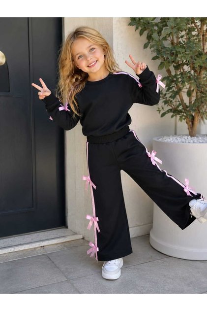 Girls' Wide-Legged Pants with Bow Accessories, Top and Bottom Set for Daily Wear, School and Nursery
