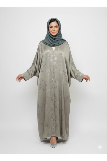 Pista Green Forest Satin Abaya | Rizqé Luxury Silk-Finish Modest Foil Print Wrap