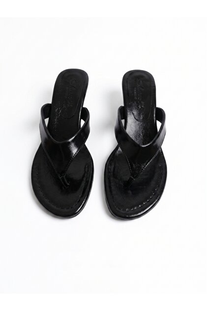 New Season 2027 Alya Black Wrinkled Patent Leather Low Heeled Orthopedic Slippers Women's Sandals