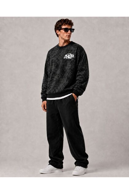 Erkek Antrasit Yıkamalı Desenli Oversize Bisiklet Yaka Baskılı Sweatshirt