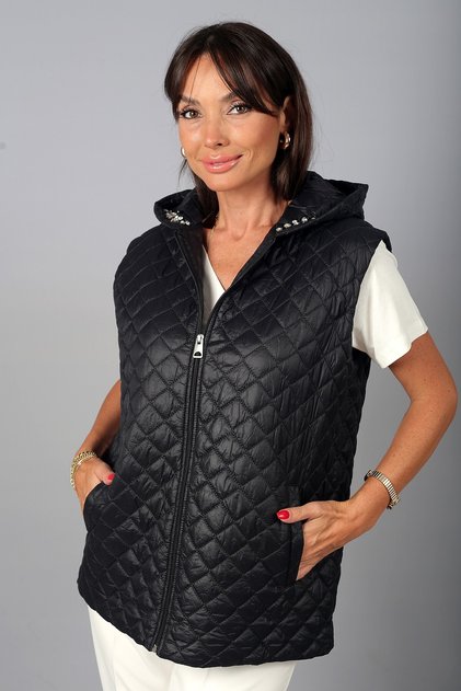 Women's Hooded Sleeveless Vest with Stone Collar and Front Zipper Pocket