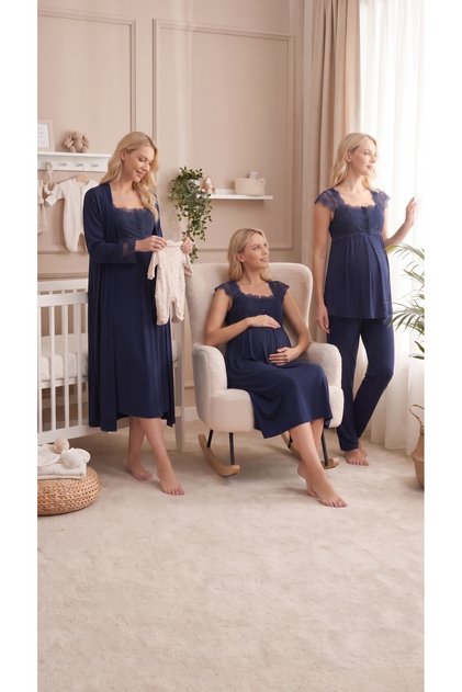 New Season Navy Blue Lace Sleeved Maternity Nightgown and Pajama Set 4-Piece Maternity Set