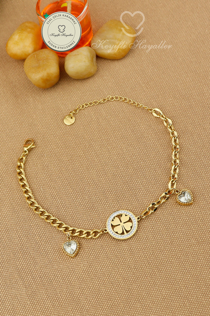 Steel Bracelet - Stone Heart Clover Model Chain 316L Steel Bracelet Does Not Tarnish or Fade 17+5cm
