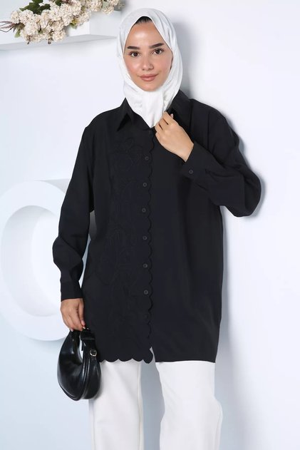Black Floral Embroidered Hijab Shirt