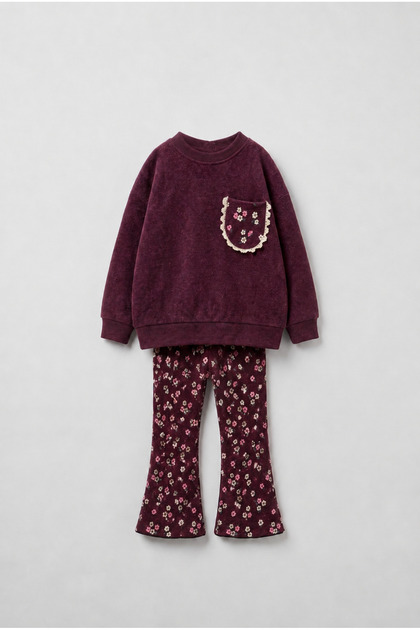 Girls Floral Patterned Burgundy School Sweatshirt and Spanish Flared Leggings Set