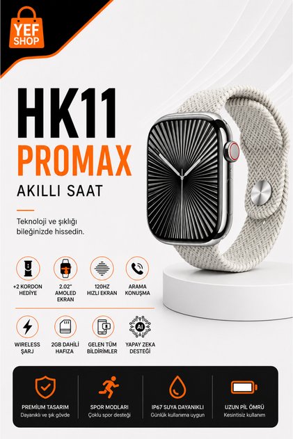 HK11 Pro Max Akıllı Saat | AMOLED Ekran, Tüm Telefonlara Uyumlu, Kordon Hediyeli, Yeni 11 Serisi