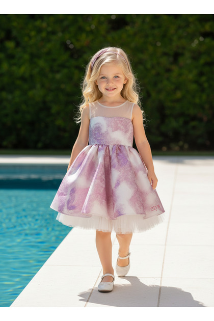 Girl's Pink Jacquard Layered Tulle Skirt, Evening Dress with Transparent Neckline and Crown Accessory – Birthday & Special Occasion Dress