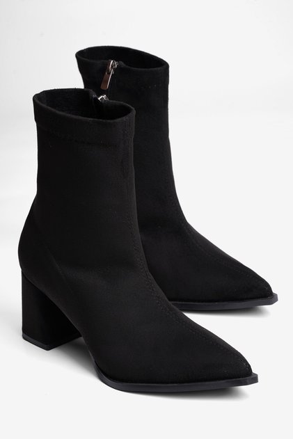 Women's Suede Stretch Boots with Zipper, Heeled, Pointed Toe, Lena Black