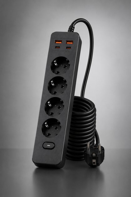 PRO-EU01 4’lü Akım Korumalı Çoklu Priz – 2 USB-C + 2 USB-A | 2500W 10A Max | 2 Metre Kablolu