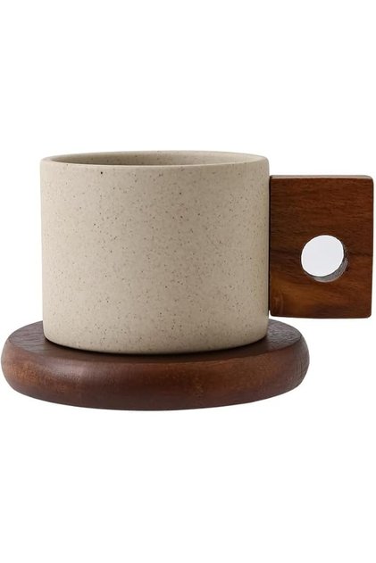Ceramic Coffee Mug Set with Acacia Wood Saucer and Ergonomic Wooden Handle, Unglazed Porcelain Cup I