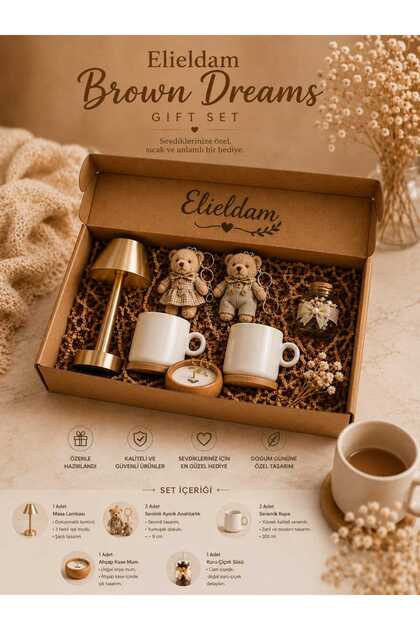 Doğum Günü, Özel Gün, Yeni İş, Yeni Ev Hediyesi Gold Masa Lambası, Seramik Kupa, Anahtarlık ve Ahşap Kase Mum Seti