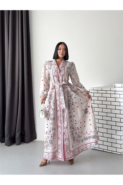 Women's Ecru Patterned Lined Belted Maxi Dress