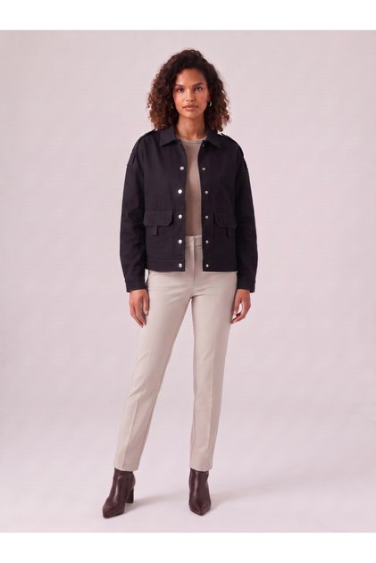 Women's Black Cotton Lycra Jacket with Snap Pocket Detail