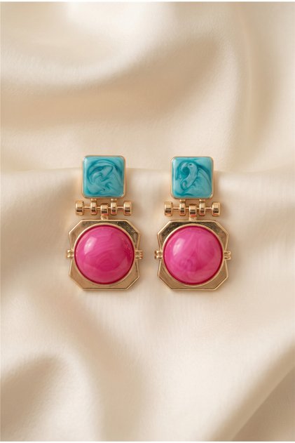 Blue Square and Pink Round Stone Gold Earrings