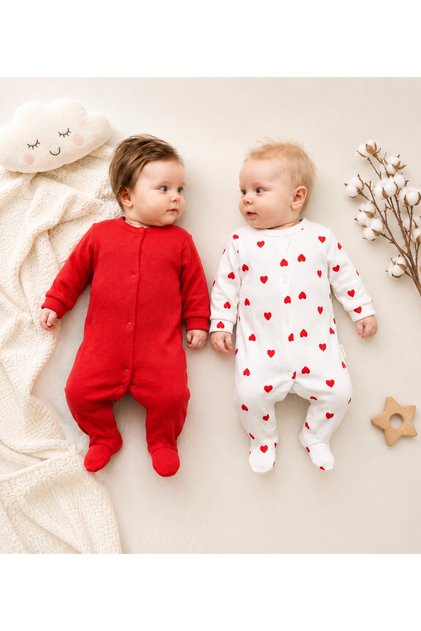 2-Pack of 100% Cotton Report-Approved Baby Girl Rompers with Heart and I Love Mom Written on Them, with Booties and Snap Fasteners, 0-3 / 3-6 Months