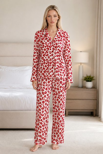Women's Patterned Flexible Loose Red Pajama Set 4735