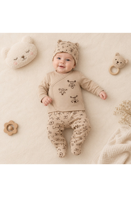 4-Piece Bodysuit Set for Baby Girl/Boy, Flexible Structure with Colorful Patterned Embroidery (Hat-Gloves-Bodysuit-Booties) 0-3 Months