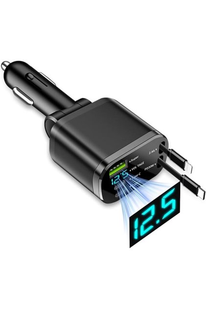 شاحن سيارة 120 واط 5 في 1 مع كابلين قابلين للسحب من نوع C وشاحن سريع لايتنينج USB-C PD USB سريع